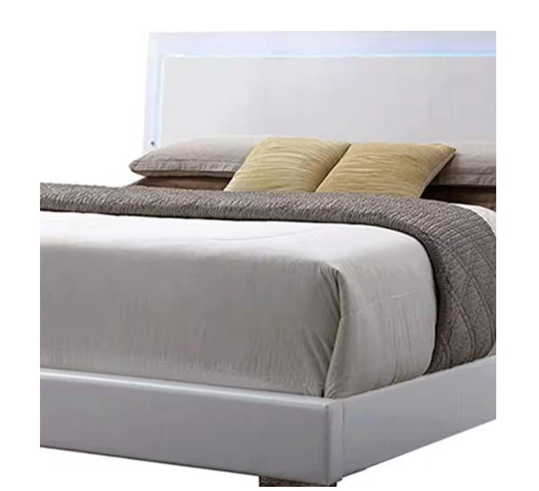 Queen Bed with White Faux Leather & LED Headboard