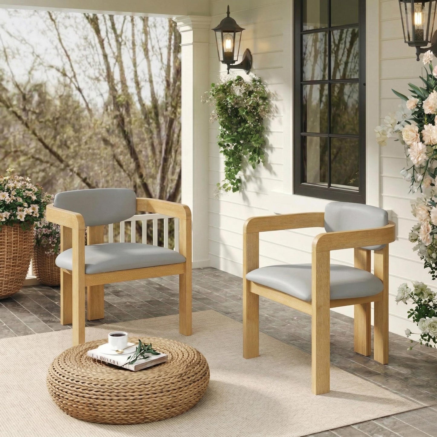 Set Of 2 Outdoor Acacia Wood Dining Chairs With Cushions, Modern