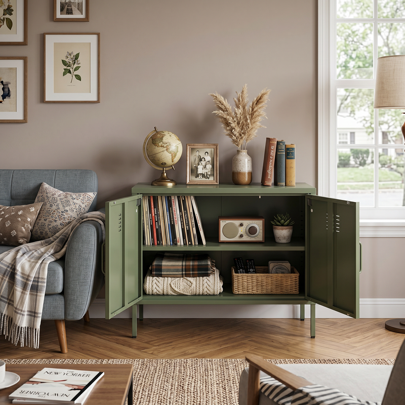 Green Metal Storage Cabinet with Legs & Adjustable Shelf