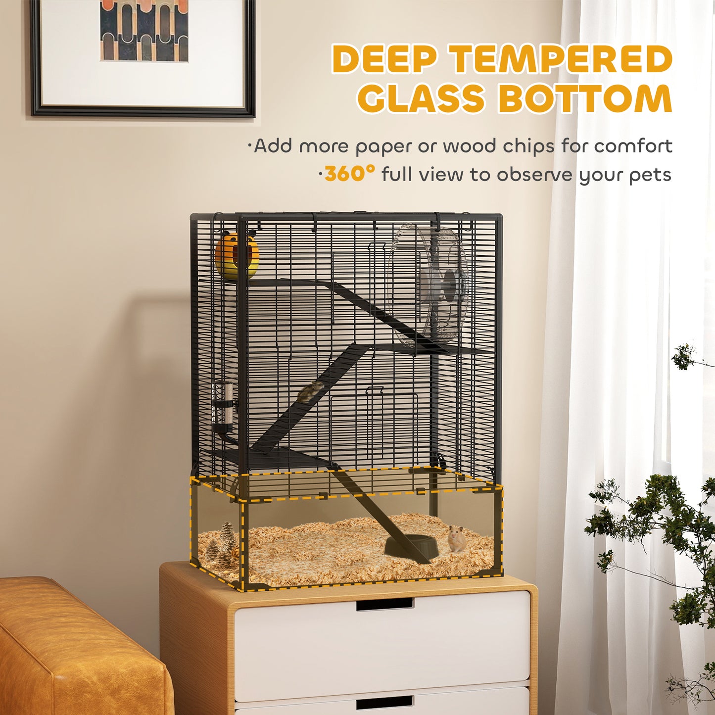 4-Tier Hamster Cage with Tempered Glass Bottom, Exercise Wheel, Hut, Water Bottle & Food Dish - Black, 24x16x31.5 Inches