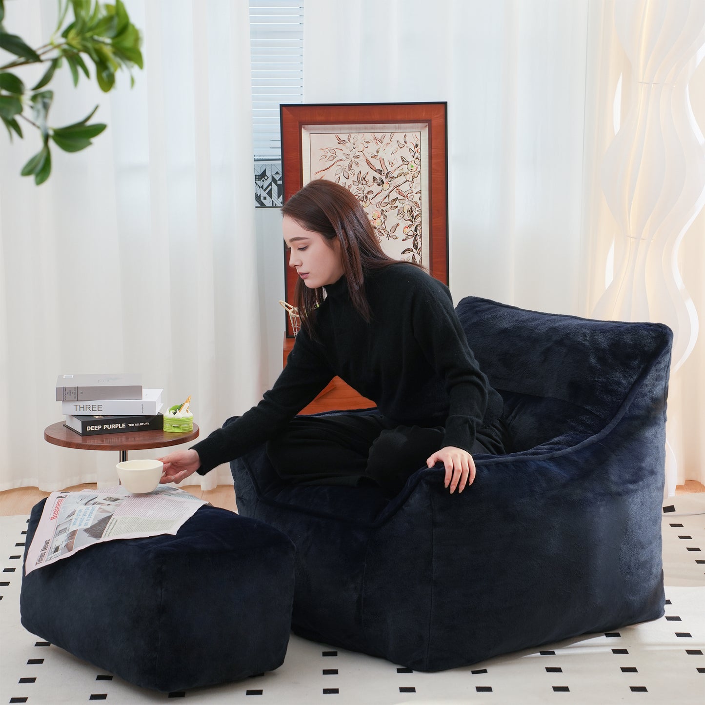 Navy Blue Faux Fur Bean Bag Chair - Comfy Foam Sofa for All Ages