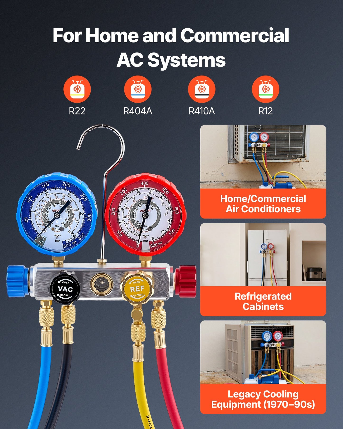 4-Way AC Manifold Gauge Set with 5ft Hoses for R22 R404A R410A R12 Refrigerants
