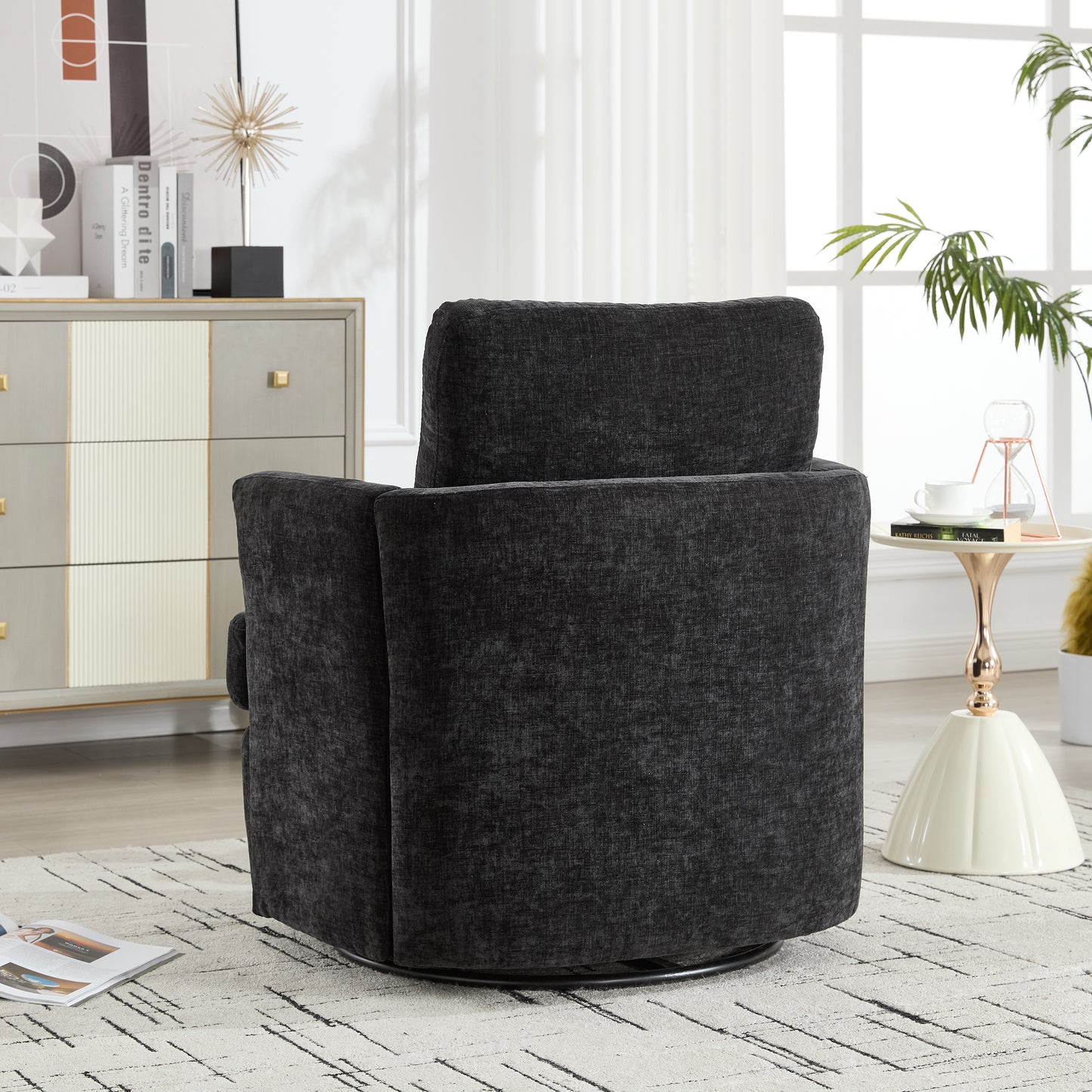Black Swivel Accent Chair - 360 Degree Upholstered Barrel Chair