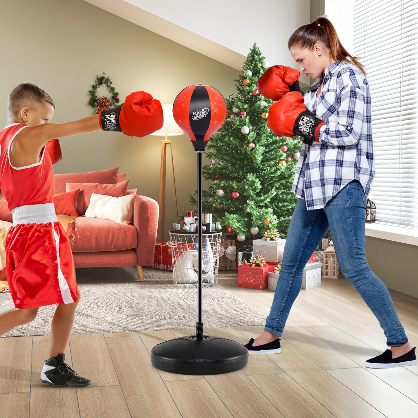 Kids Adjustable Punching Bag Toy Set with Boxing Gloves - Red
