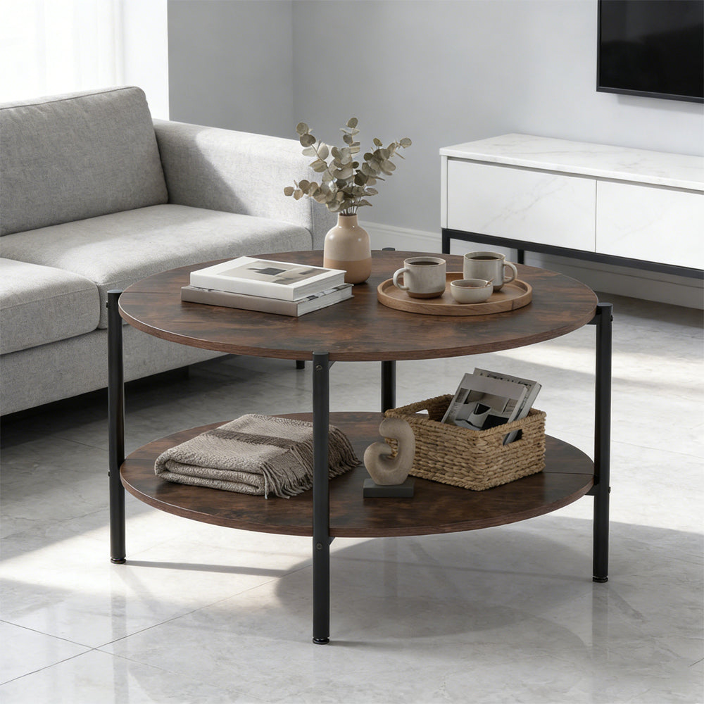 Round Coffee Table 2-Tier Industrial Accent With Open Storage Shelf
