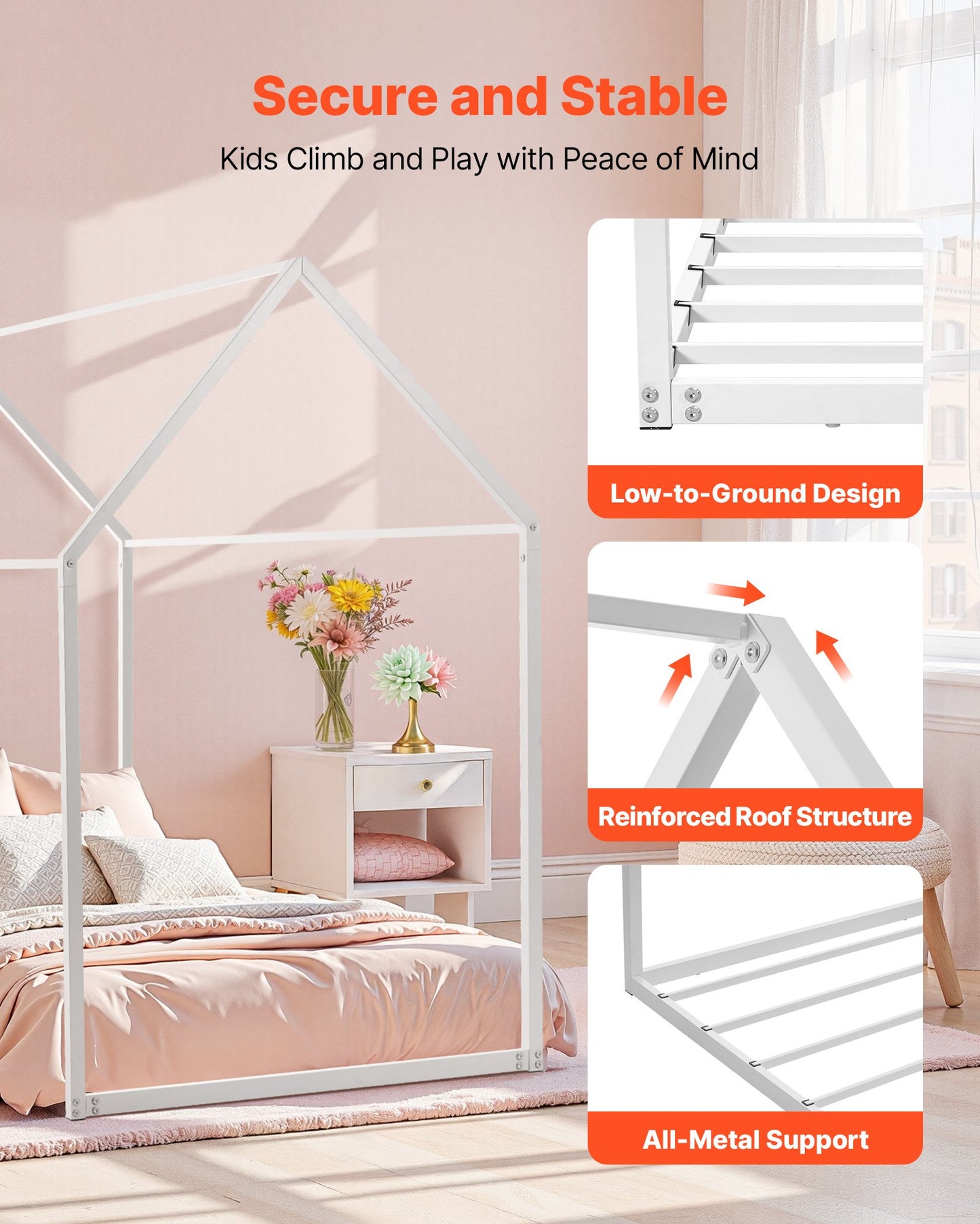 Twin House Bed Frame for Kids - Metal Floor Bed with Roof, Easy Assembly, White