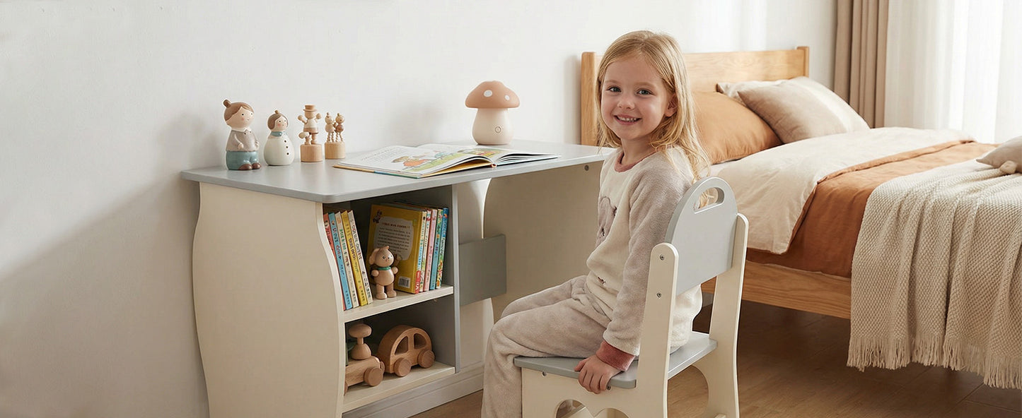 Kids Desk And Chair Set Multifunctional White Grey Toddler Student