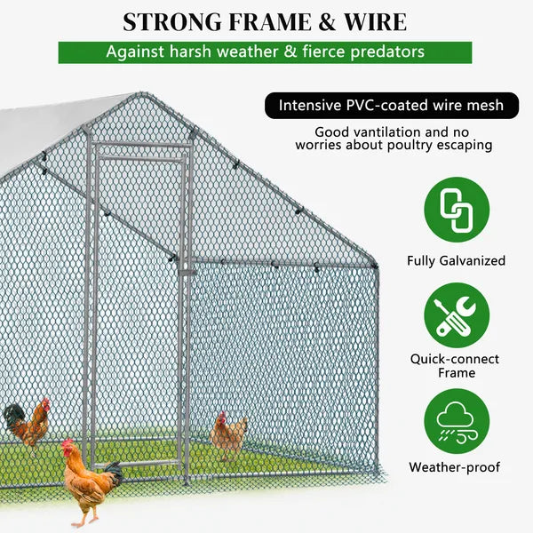 Large Metal Chicken Coop 6.5x6.5x6.5 ft with Rain Cover & Pointed Roof