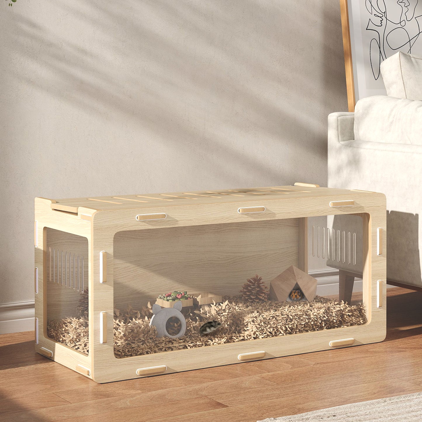 Large Hamster Cage with Acrylic Windows & Top Opening - 39 x 20 x 18.5 Inches, Oak Finish