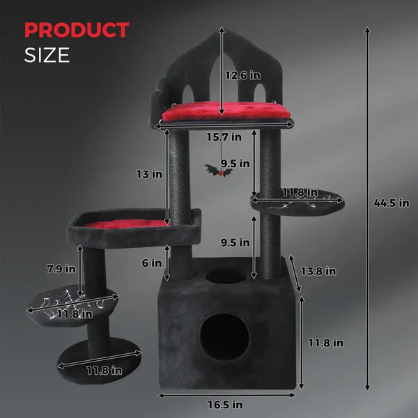 Gothic Cat Tree Tower with Scratching Posts, Perches & Cat Cave - 44.5in Black