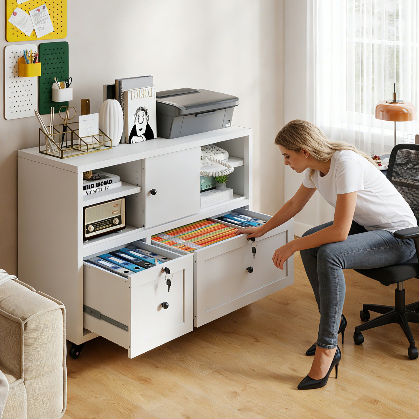 28 H White Metal Filing Cabinet With Lock -2-Drawer File For Home