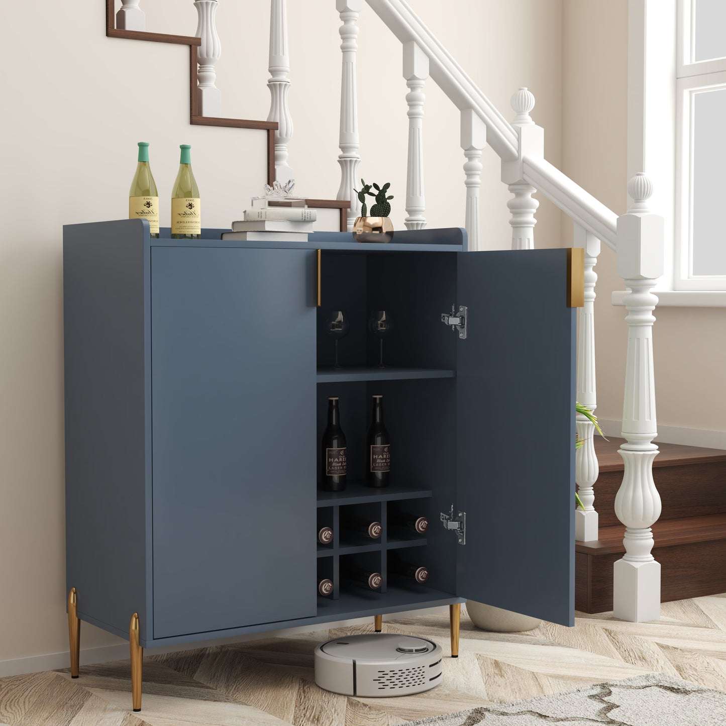 2 Doors Home Wine Bar Cabinet With Rack & Adjustable Storage Shelf,