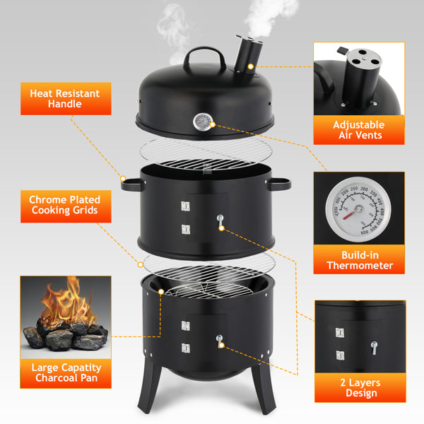 Black Cylindrical Outdoor Smoker with Chimney - Heavy-Duty Iron, 85cm