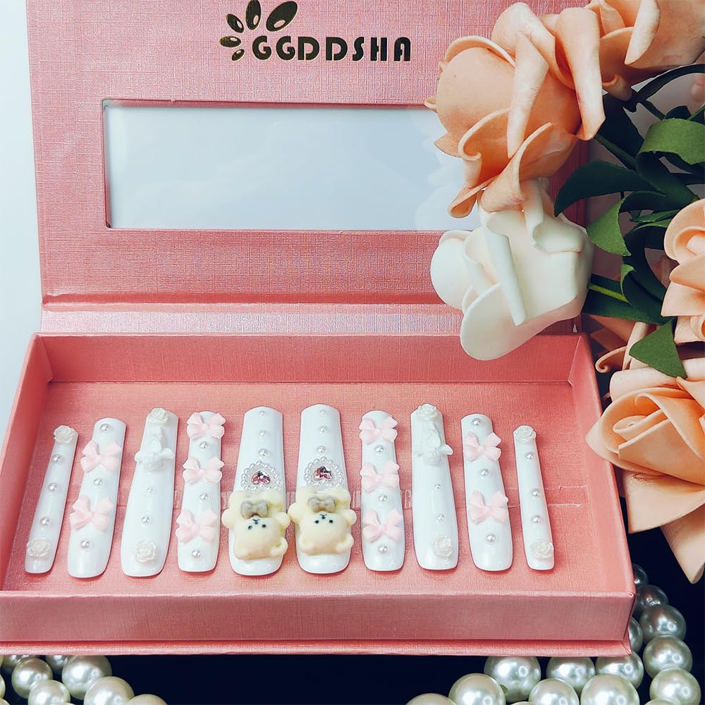 Long White Press-On Nails with 3D Bear, Rose, and Bow Design - Size M