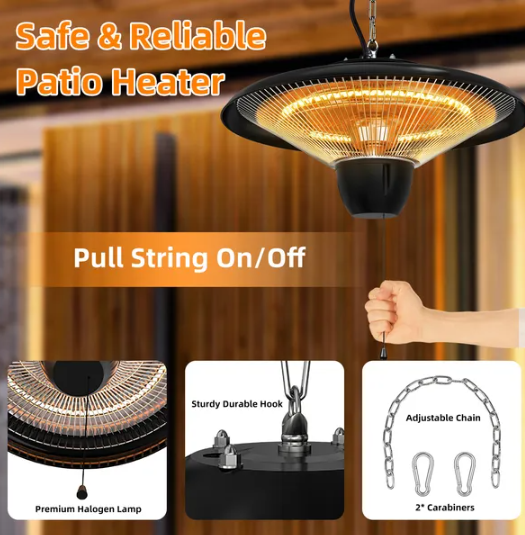 1500W Outdoor Hanging Patio Heater - Ultra-Quiet Electric Heating Lamp, Waterproof, Adjustable Chain