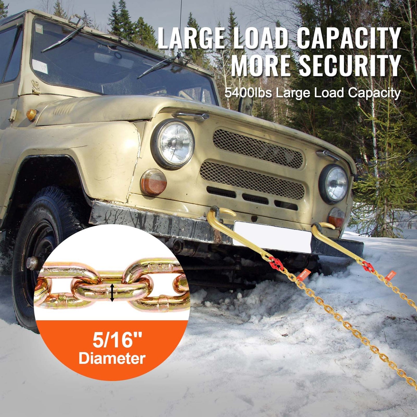 G80 Grade 80 Tow Chain with J Hook Long Shank 15ft Load Capacity 5400 lbs