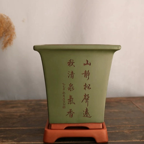 Square Clay Flower Pot for Garden & Home Decor - Dark Green, Purple Sand
