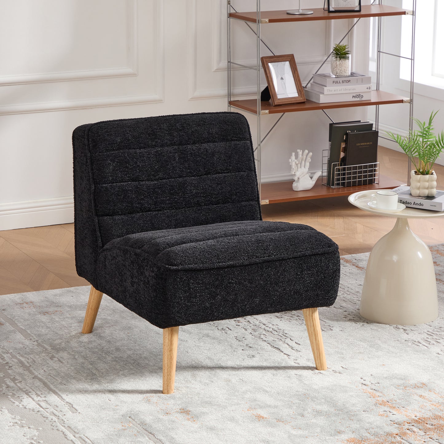 Modern Armless Accent Chair - Black Chenille Upholstered