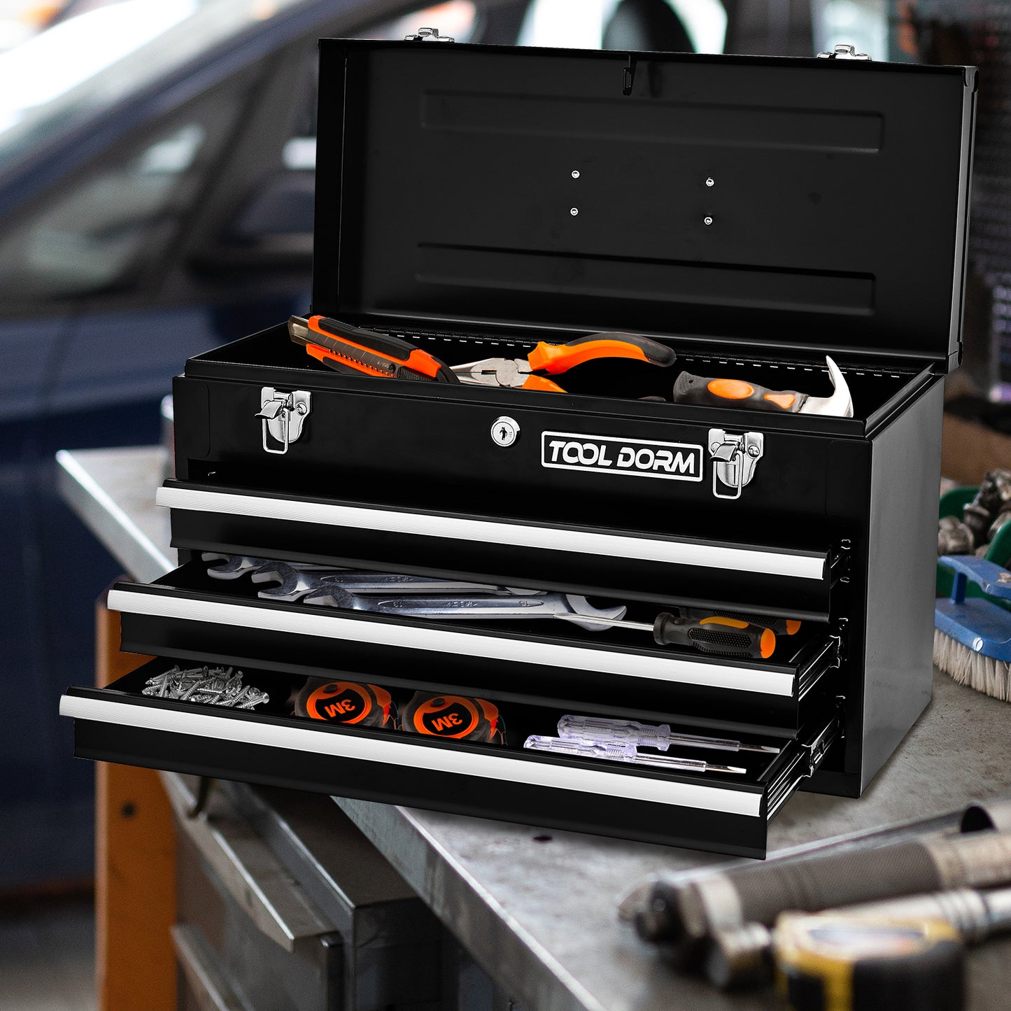 20.3-Inch Metal Tool Box with Drawers, Lockable Steel Chest for Garage and Workshop