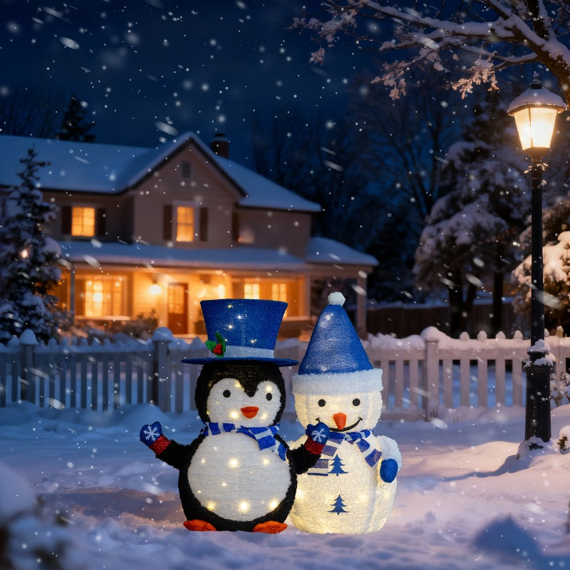 Set of 2 Lighted Plush Penguin and Snowman Christmas Decorations