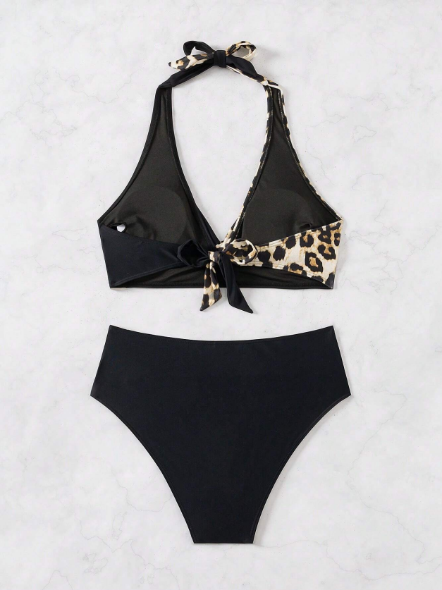 Women's Casual Two-Piece Bikini Set - Halterneck, Solid Color