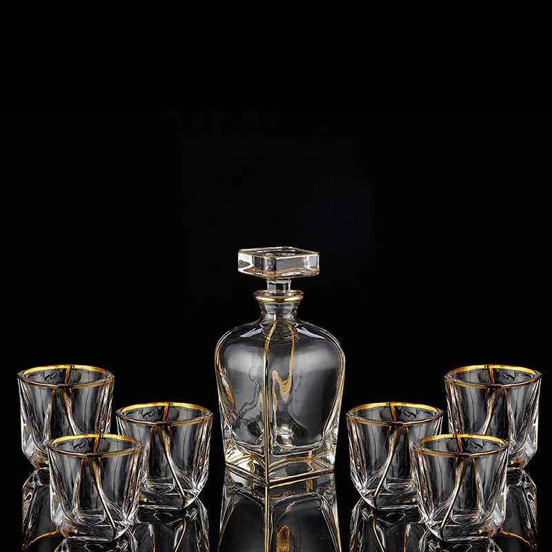 Crystal Whisky Glass Set - Home Bar Drinkware with Gilded Pattern