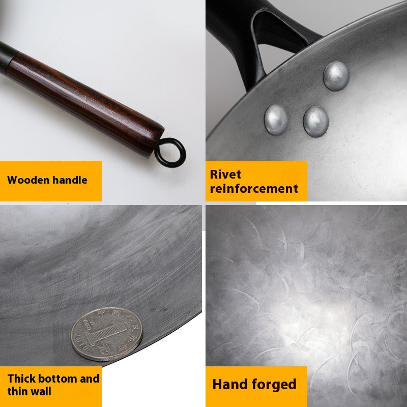 Non-Stick Frying Pan with Wooden Handle - Handmade, Uncoated, 30-36cm Variants