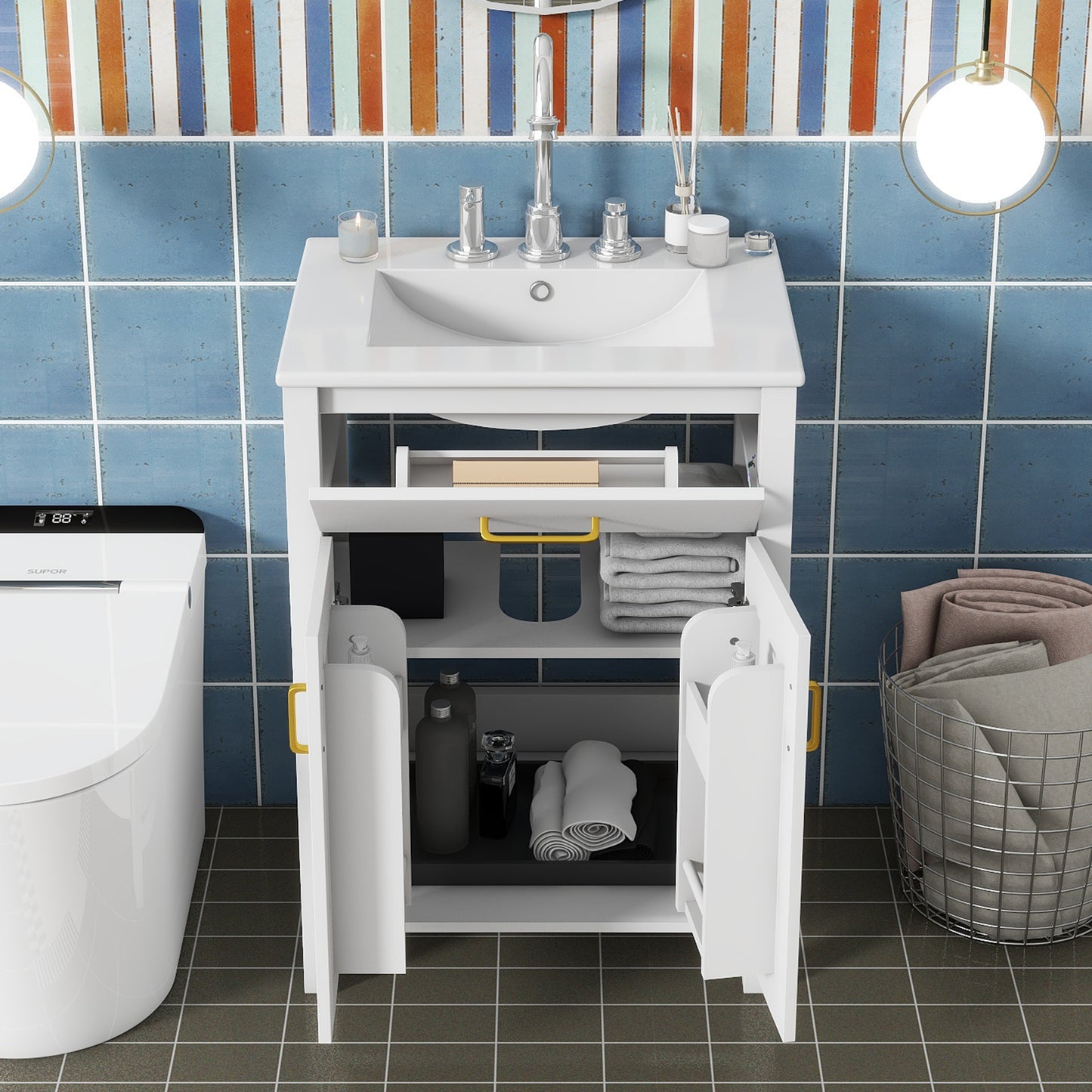 24" Bathroom Vanity Combo with Ceramic Sink - Gold & White