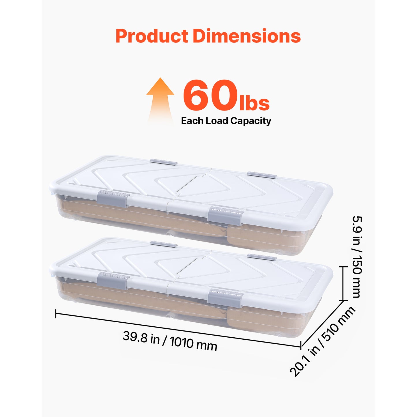 Under Bed Storage Containers with Wheels, 39.8 x 20.1 x 5.9 Inch, 2 Pack, Gray Lid & Latch