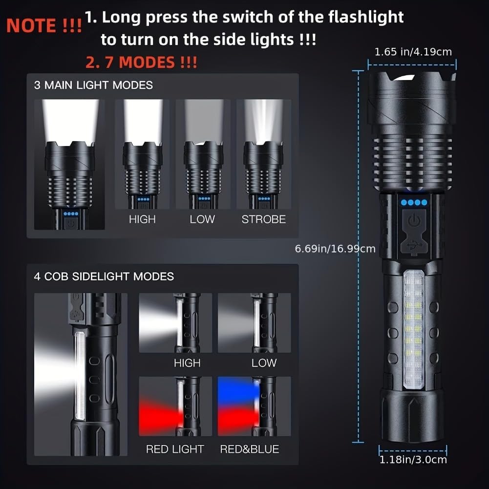 Rechargeable LED Flood Light Torch - Focus Adjustable, Water Resistant Handheld Flashlight for Camping, Hunting, Fishing, Outdoors