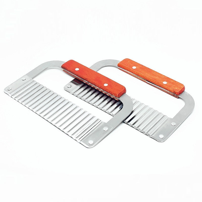 Stainless Steel French Fry Cutter with Wooden Handle Wavy Blade Kitchen Tool