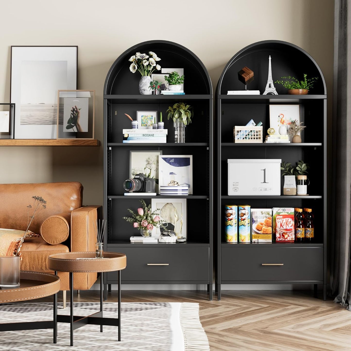 Metal Arched Bookshelf Cabinet with Drawer - Black Kitchen Storage