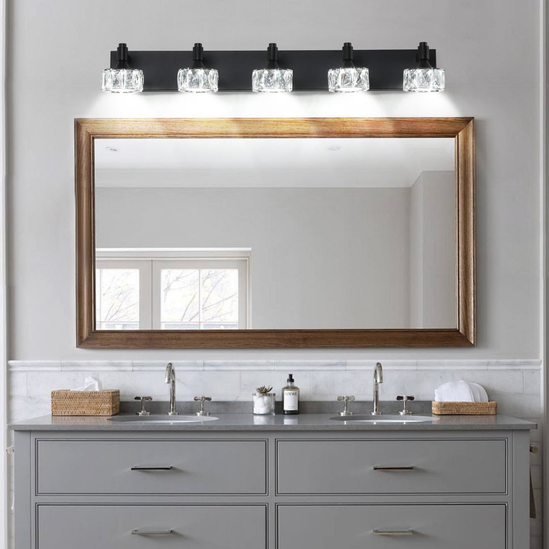 5-Light Matte Black LED Vanity Light Fixture with Crystal Shades