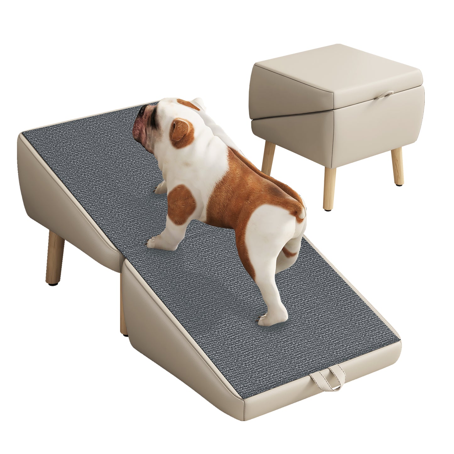 Foldable Wooden Dog Steps for Small Dogs and Cats - Non-Slip Ramp for Couch and Bed, Light Grey
