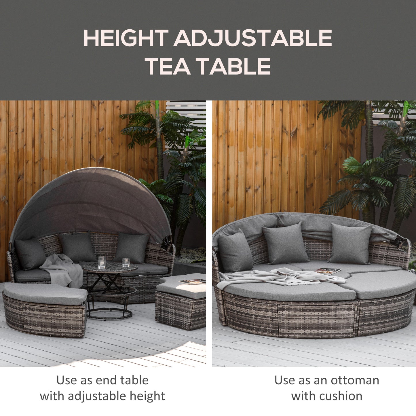 4-Piece Round Rattan Daybed Set with Adjustable Canopy - Gray