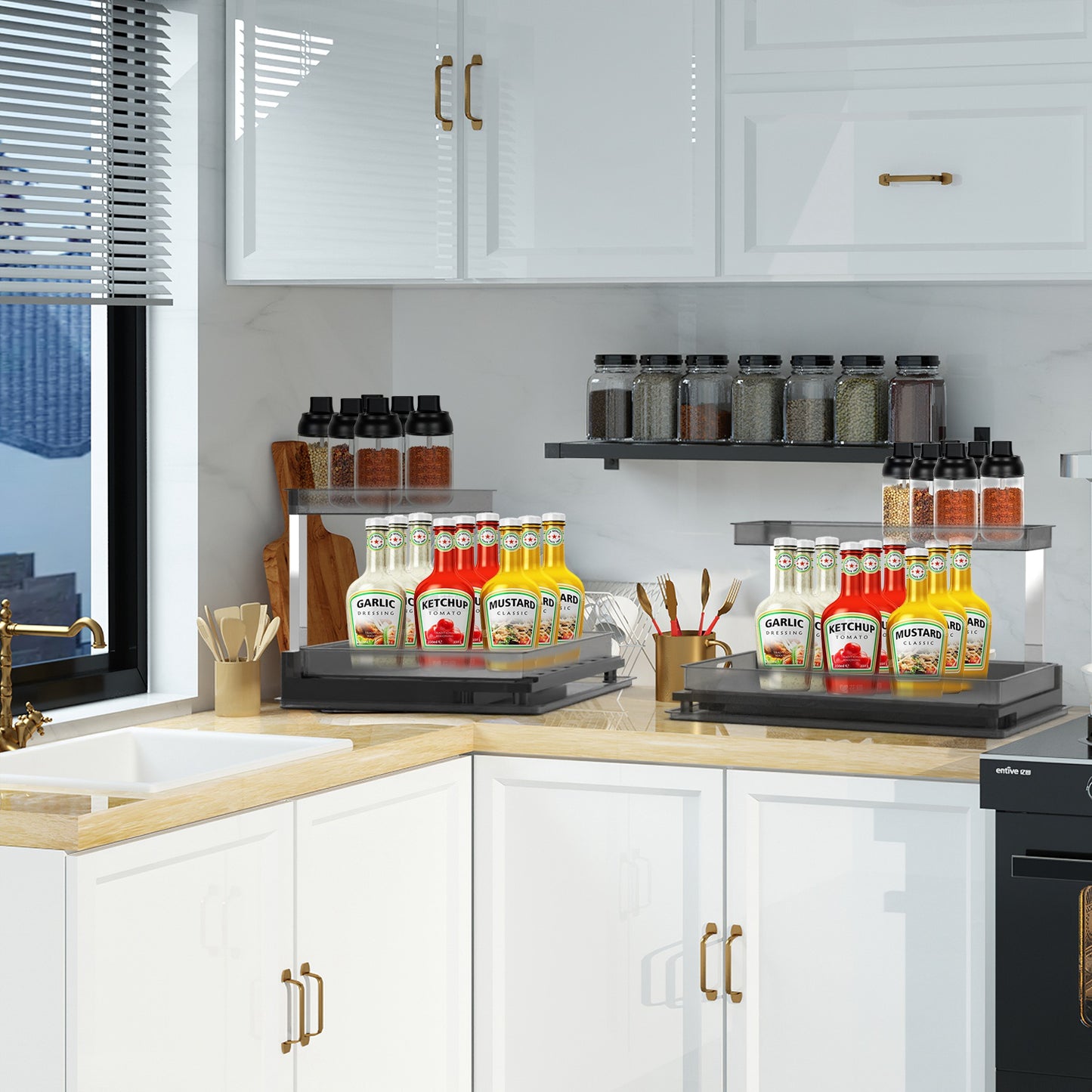 2-Tier Under Sink Organizer with Sliding Drawer - L-Shaped