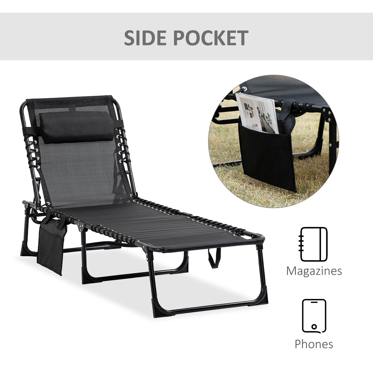 Portable Reclining Lounge Chair with Adjustable Backrest - Black