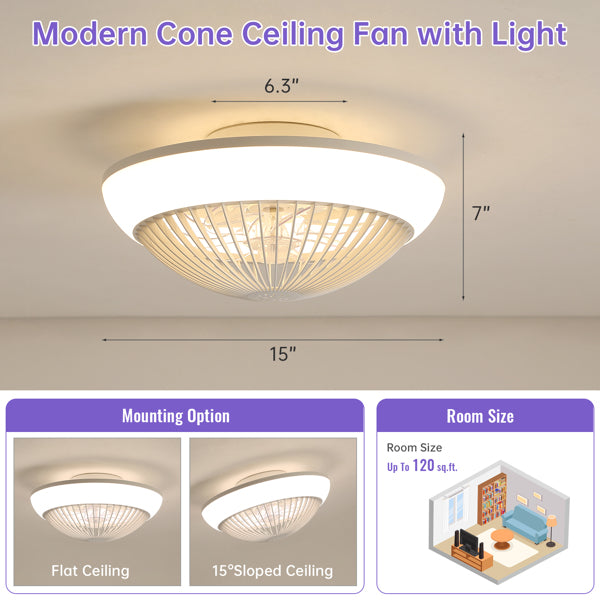 15 Inch RGB Dimmable Ceiling Fan with Light - Remote Control, Quiet Bladeless Design