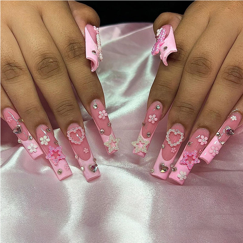 Pearl Love Star Press-On Nails - Long Square False Nail Tips Set