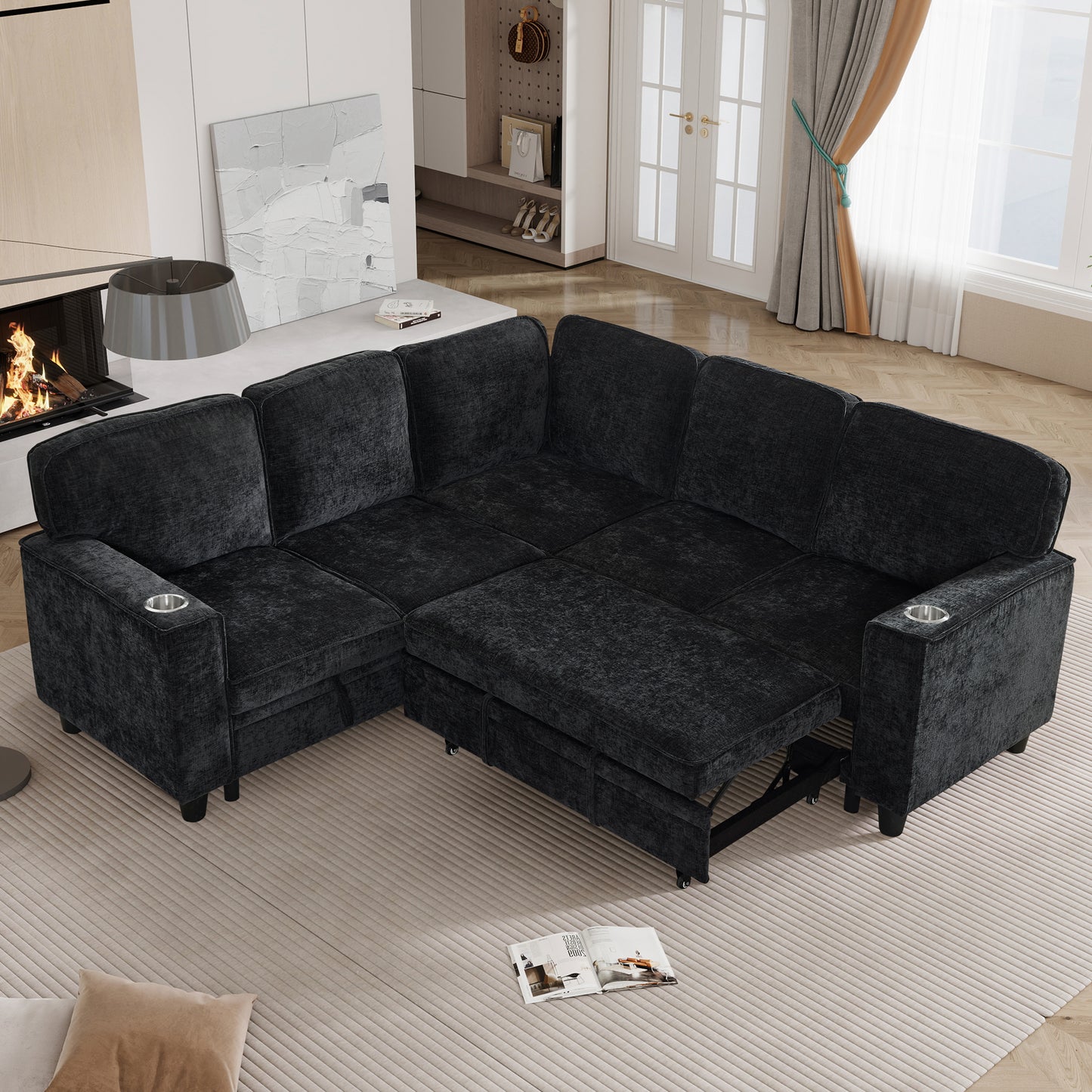L-Shaped Sofa Bed with Storage & USB Ports - Charcoal Grey