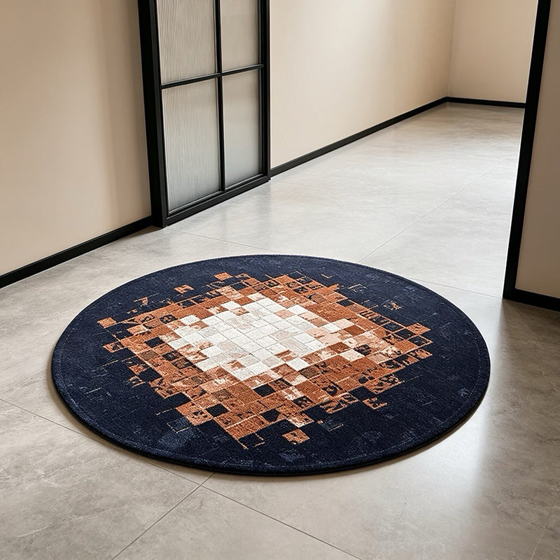 Modern Ethnic Style Round Carpet - Distressed Mosaic Geometric Pattern, 100cm Dark Blue