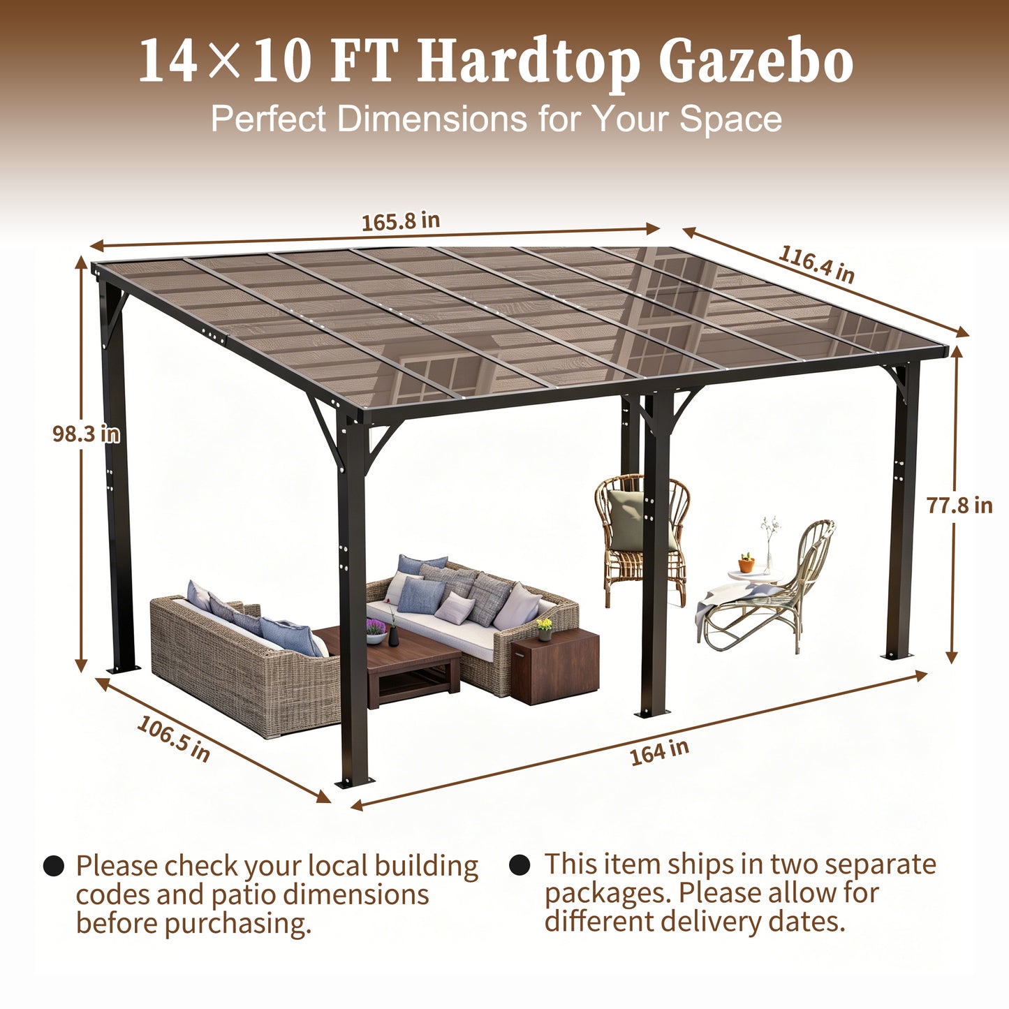 14x10 FT Hardtop Gazebo with Polycarbonate Roof - Brown