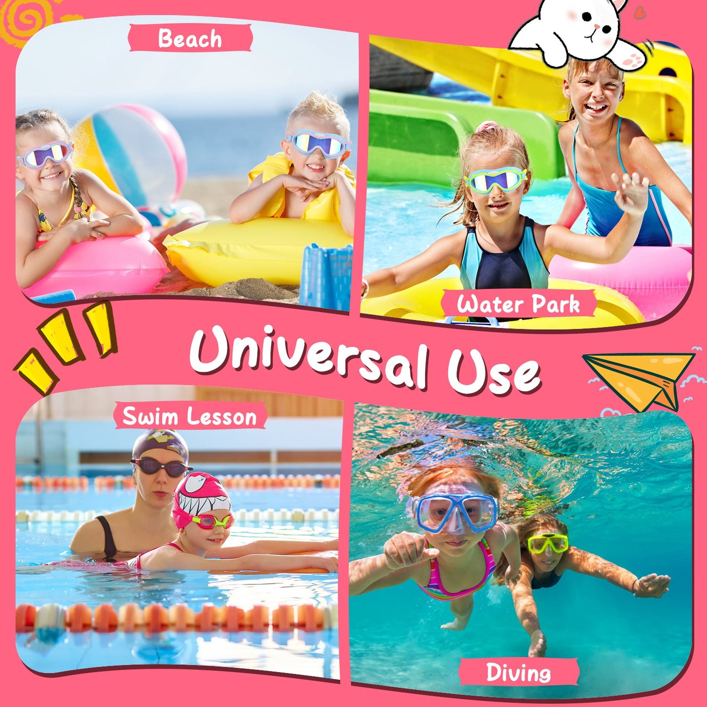 Kids Swim Goggles with Ear Plugs - UV Protection, Anti-Fog, Leak Proof