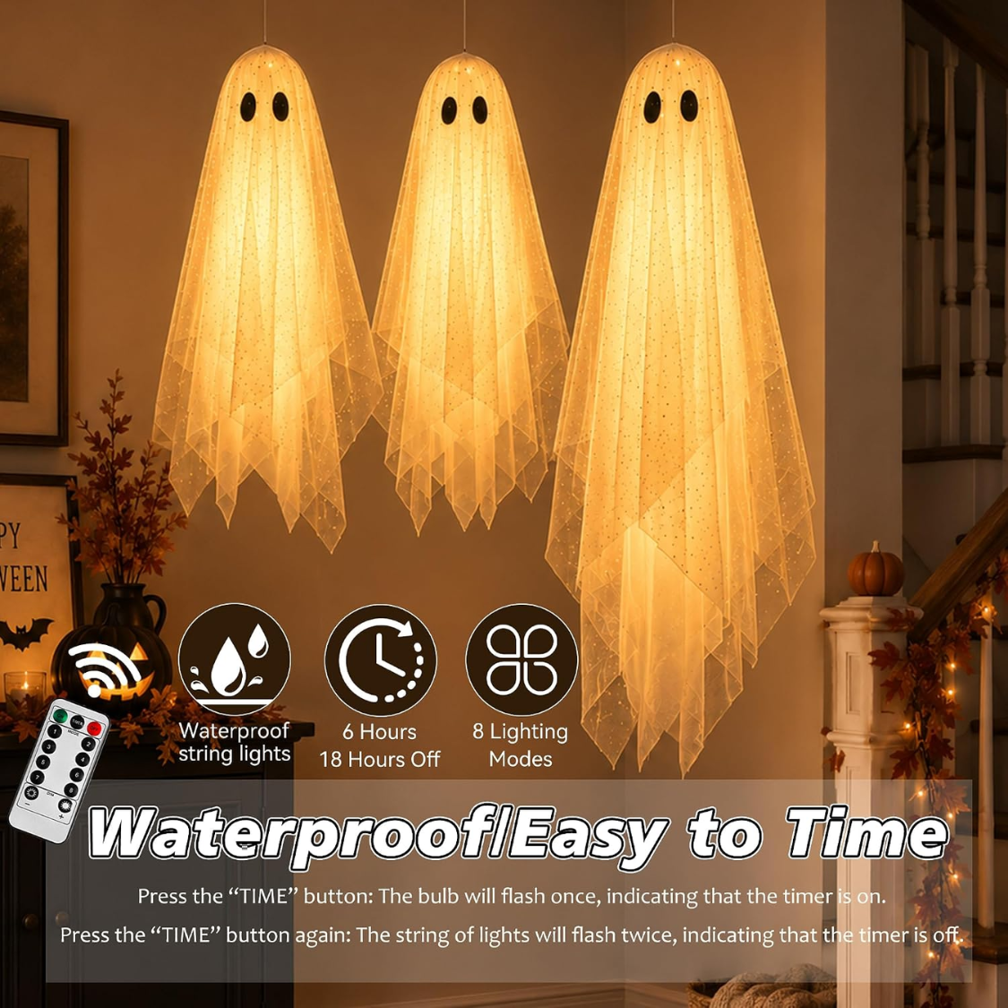 3-Piece Hanging Ghost Decoration Set with Remote-Controlled Lights