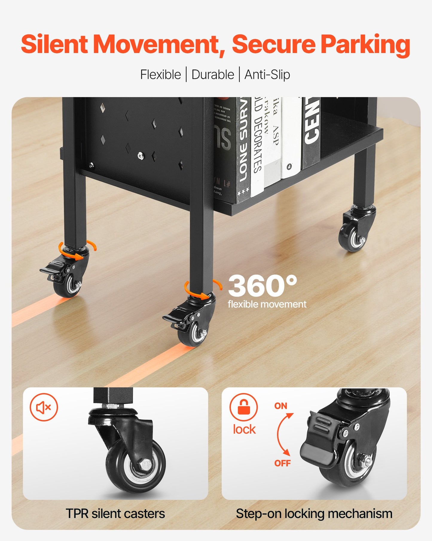 2-Tier Rolling Book Cart with Locking Casters - Black, Heavy-Duty Steel