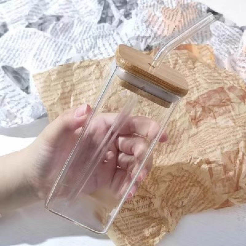 Minimalist Square Glass Cup with Lid and Straw - 400ml Heat-Resistant Drinkware