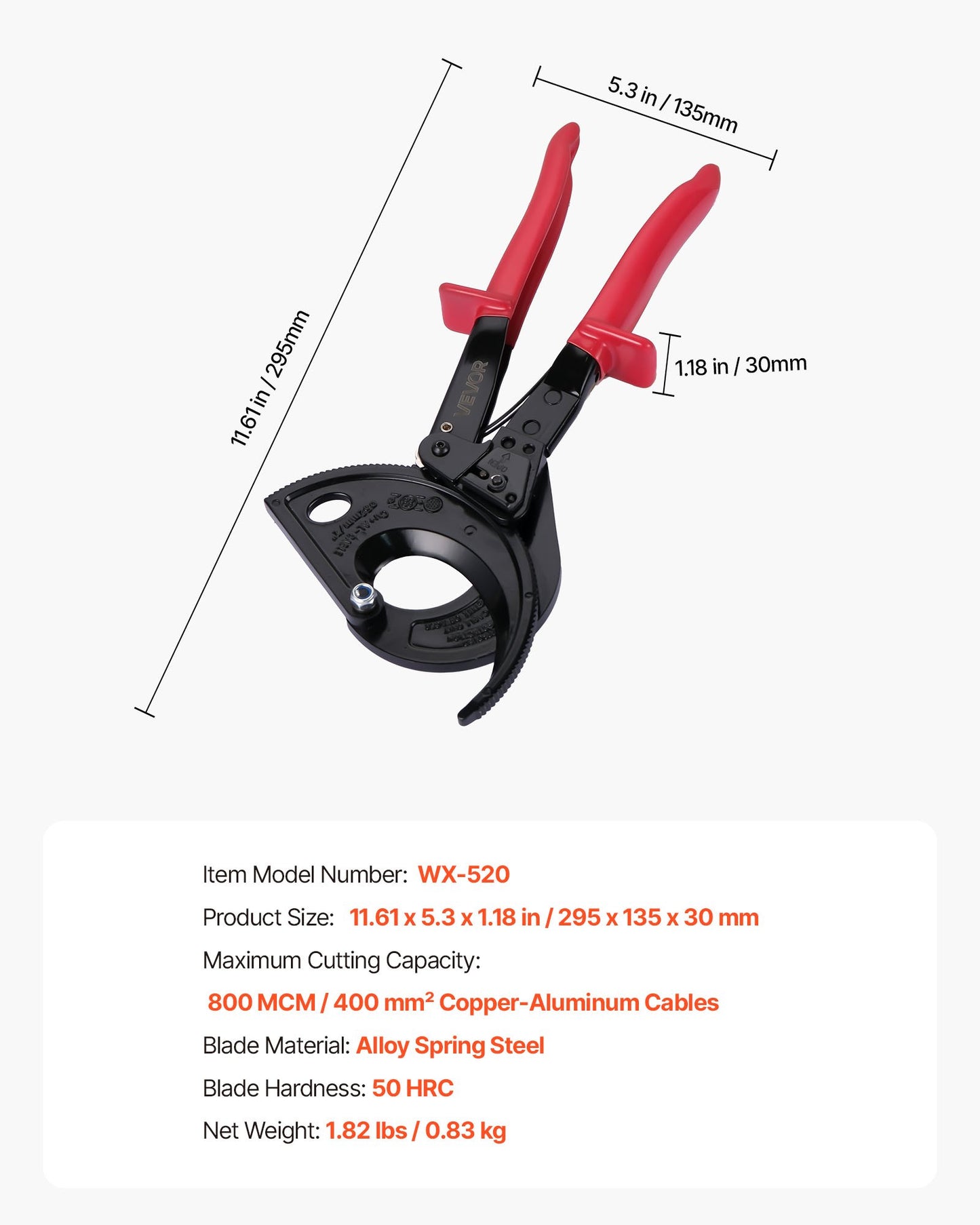 Heavy Duty Ratcheting Cable Cutter for Copper & Aluminum Wires - Insulated Handles, Quick-Release, 800 MCM