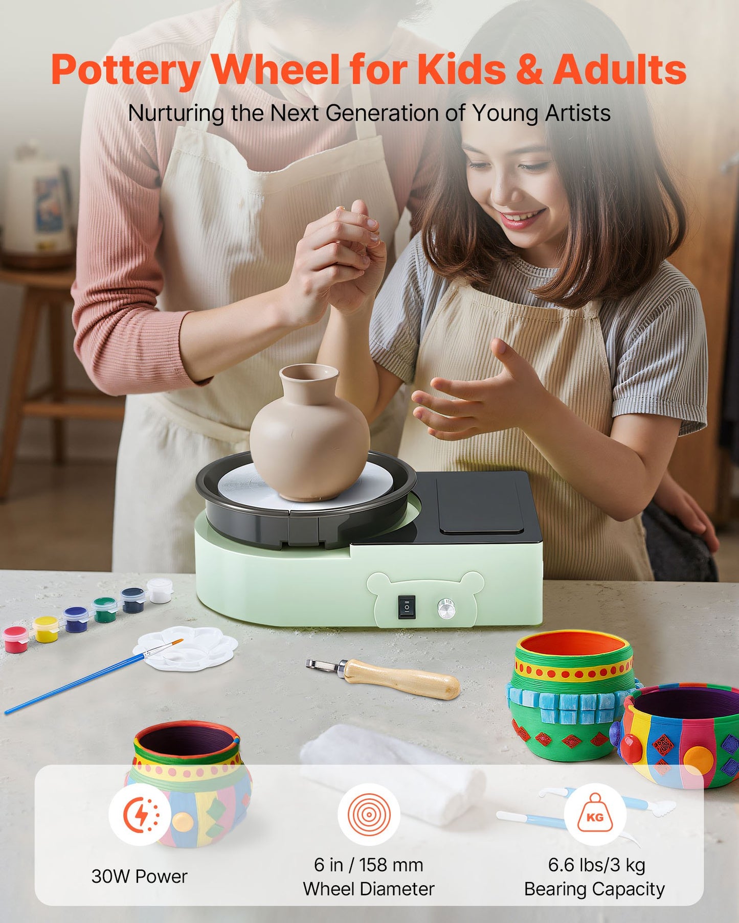 Mini Pottery Wheel 6 Inch Turntable for Clay Shaping Adjustable Speed Kids Adults