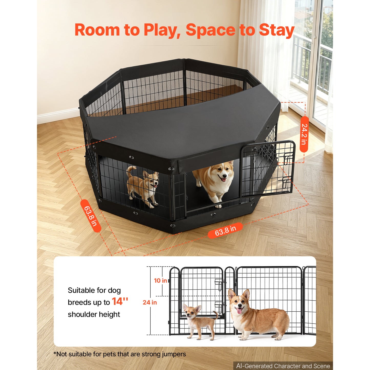 Heavy Duty Dog Playpen 24 Inch with Top Cover & Bottom Pad - Indoor Pet Fence, Foldable Metal Exercise Pen for Dogs, Cats & Small Animals, Black