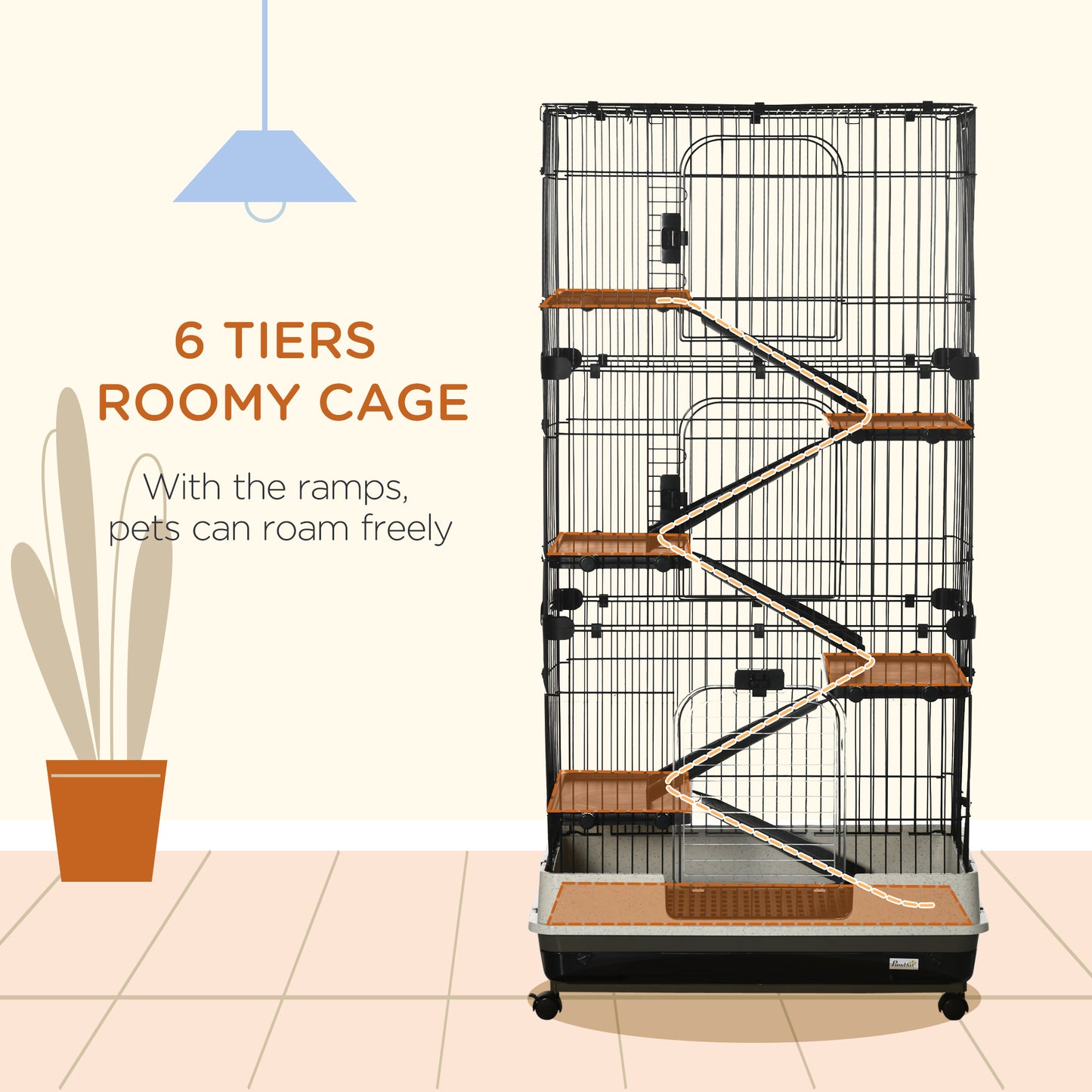 Small Animal Cage 32 Inch 6-Level with Lockable Wheels & Slide-Out Tray for Rabbits, Ferrets, Chinchillas - Black